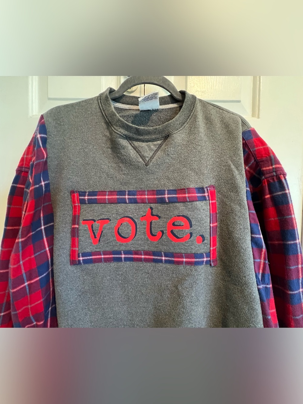 Upcycled❤️VOTE💙 Pullover Gray Sweatshirt with Plaid Flannel Sleeves - Picture 3 of 5